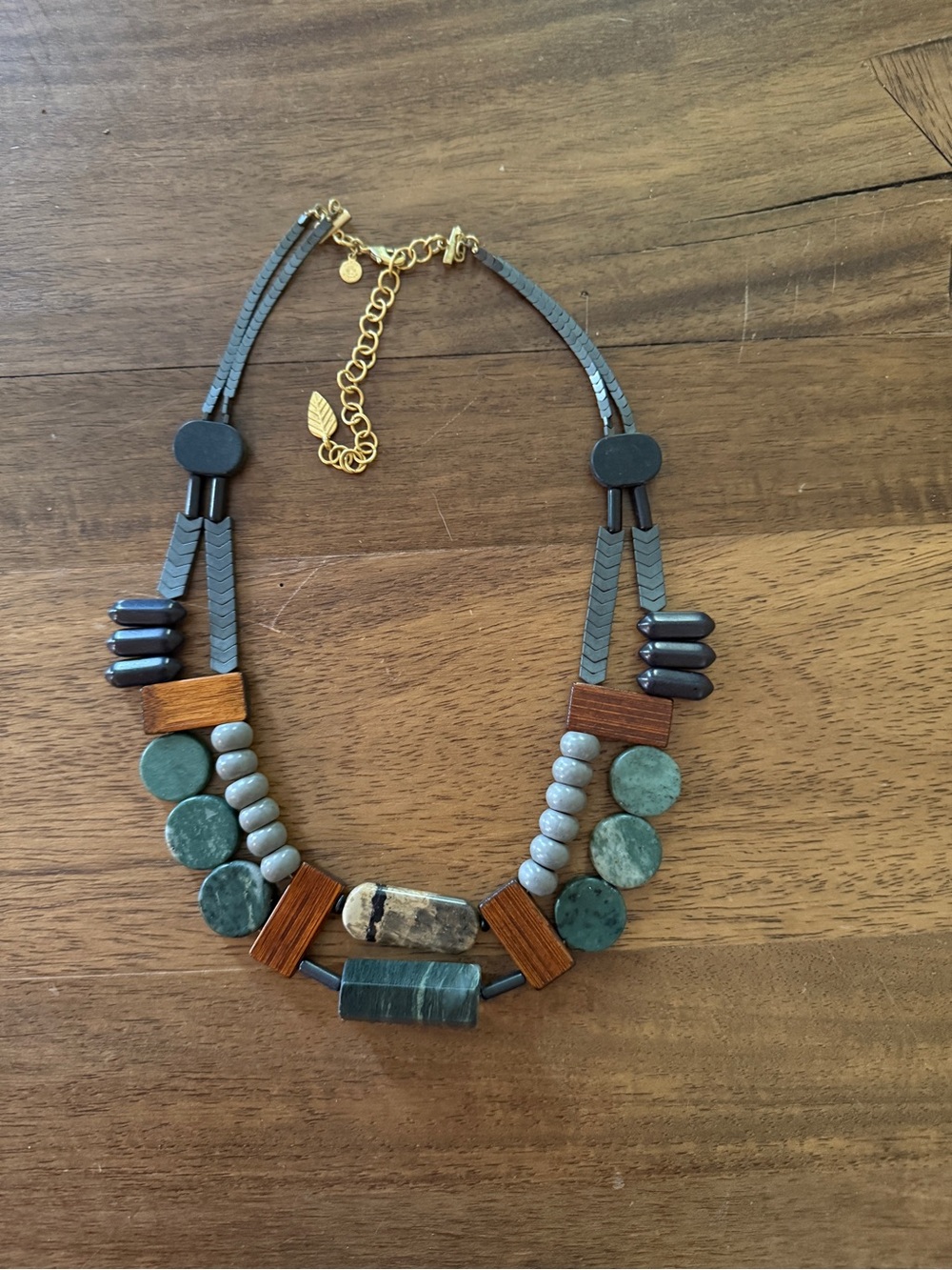 Boho Green Stone and Wood Statement Necklace - Unbranded